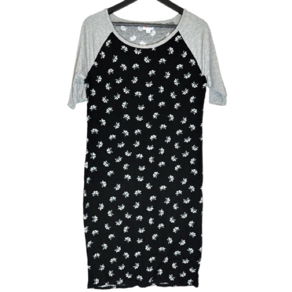 LuLaRoe Julia Dress Fox Face Print Black Raglan Sleeve Black White Grey Large